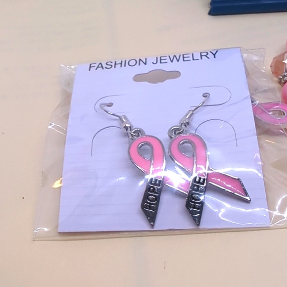 Breast Cancer HOPE Pink RIBBON Bracelet & Matching Earrings French Wires 3 PCS - Picture 3 of 12